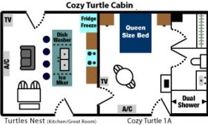 A top down view of walls and room layout for the Cozy Turtle Cabin showing the kitchenette and dining area on the left, and the bed/bath on the right side. 